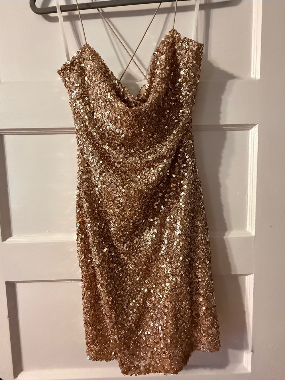 B Darlin Gold Sequin Strapless Cowl Neck Dress